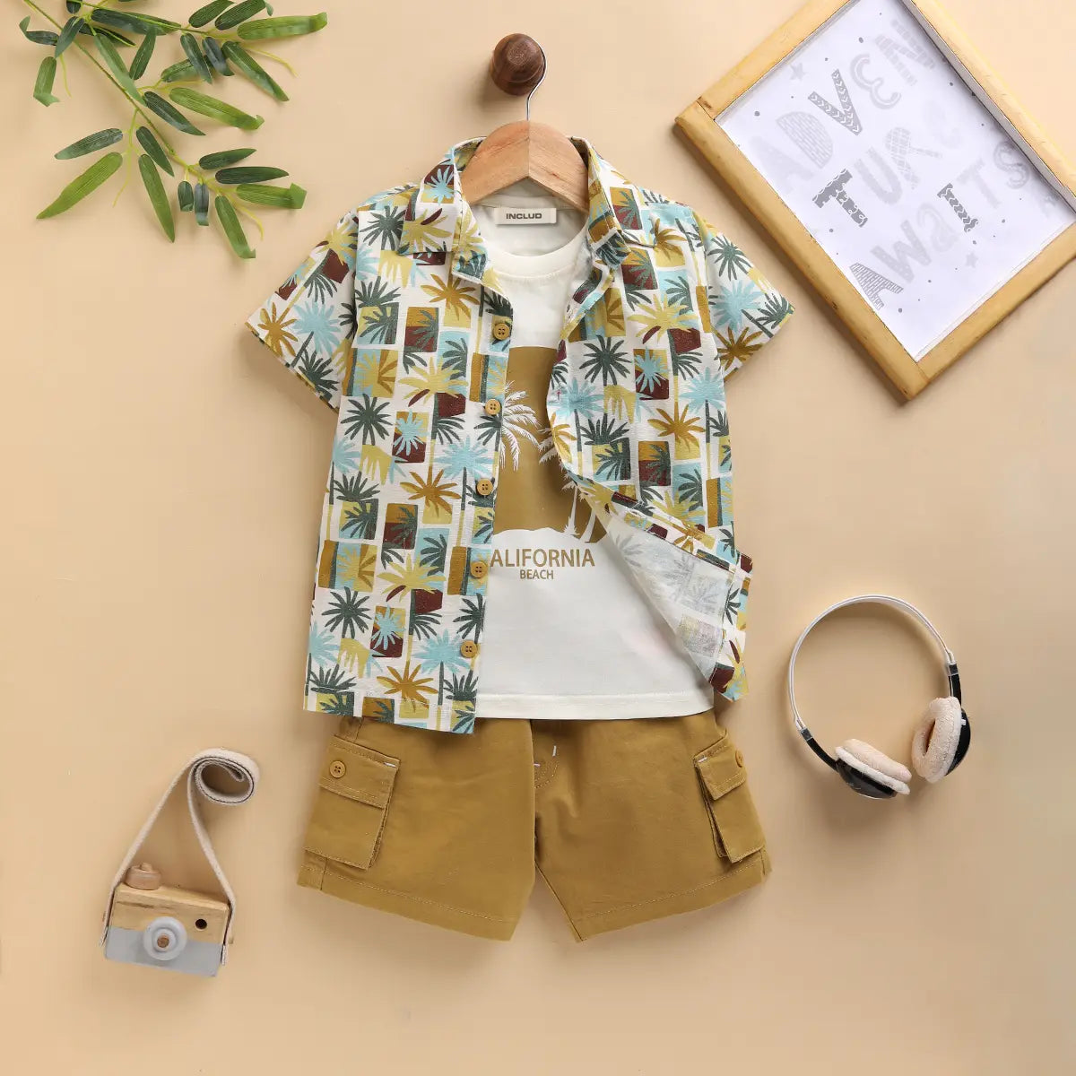 Boys Khaki Tropical Print Shirt With Printed T-Shirt And Twill Shorts Sets 3 pc. Sets Khaki 9-12 M