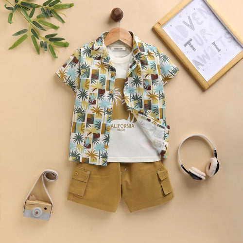 Boys Khaki Tropical Print Shirt With Printed T-Shirt And Twill Shorts Sets 3 pc. Sets Khaki 9-12 M