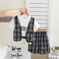 Boys Black Checked Mock Waistcoat T-Shirt With Shorts Set 2 pc. Sets