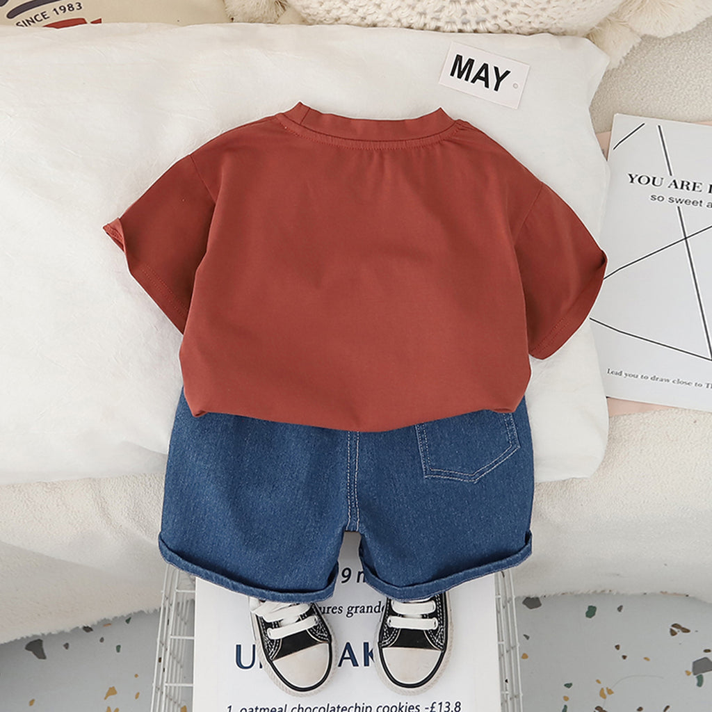 Boys Red Excavator Printed T-Shirt With Denim Shorts Set 2 pc. Sets