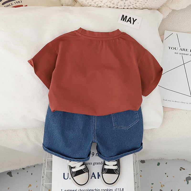 Boys Red Excavator Printed T-Shirt With Denim Shorts Set 2 pc. Sets