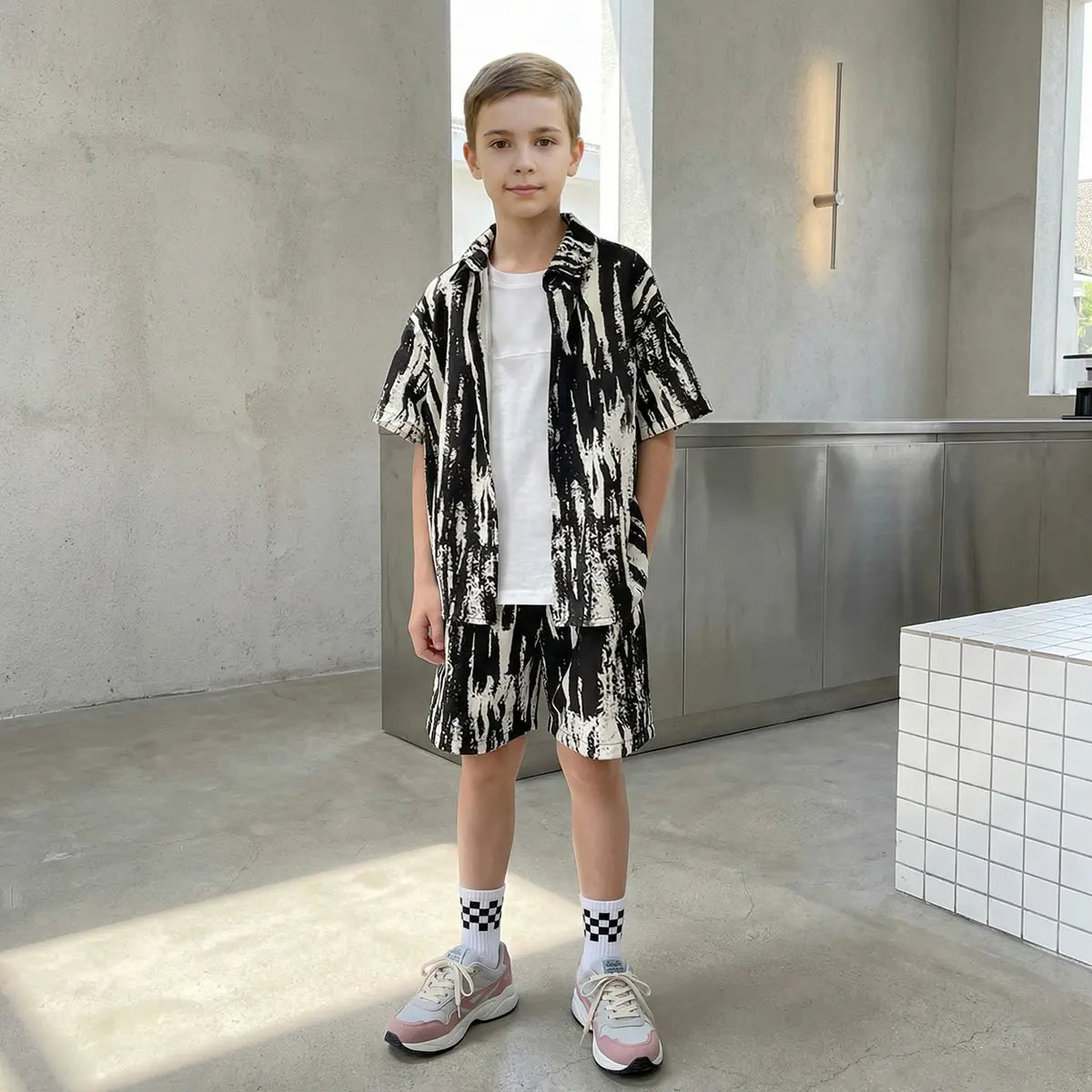Boys Black Abstract Print Short Sleeves Shirt With Shorts Co-ord Sets Sets Black 5-6 Y