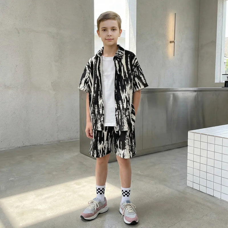Boys Black Abstract Print Short Sleeves Shirt With Shorts Co-ord Sets Sets Black 5-6 Y