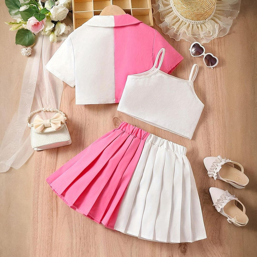 Girls Colorblocked Shirt With Camisole Top & Pleated Skirt Set