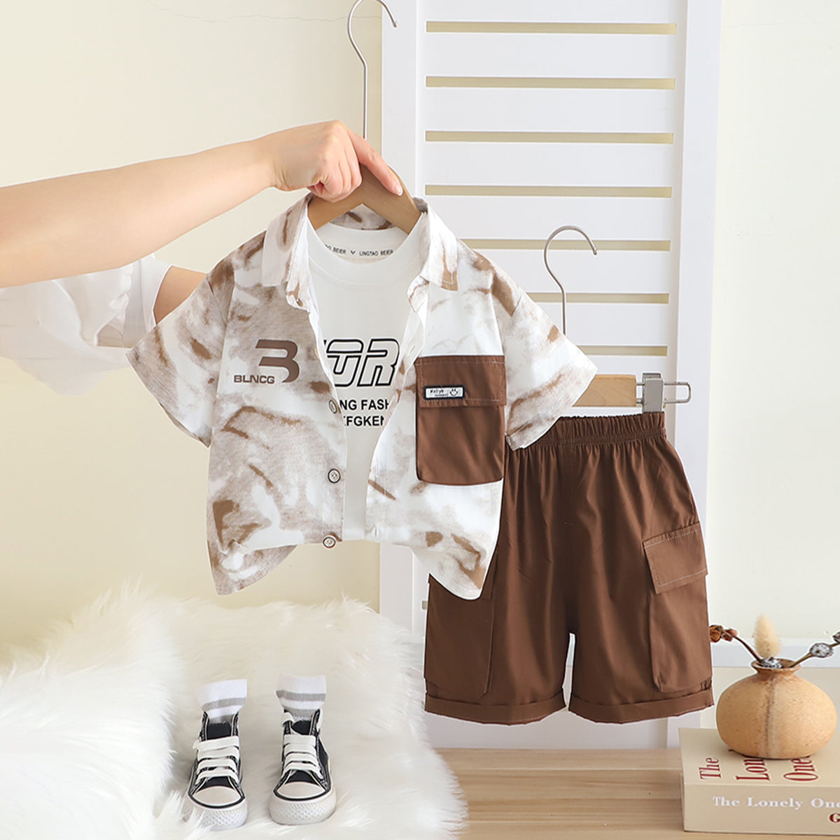 Boys Brown Abstract Printed Short Sleeves Shirt With T-Shirt And Cargo Shorts Set Sets Brown 1-2 Y