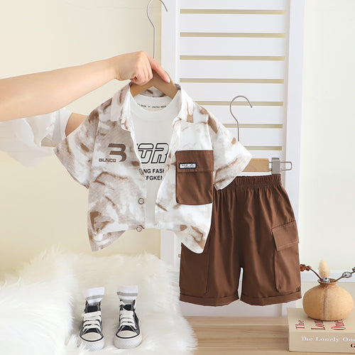 Boys Brown Abstract Printed Short Sleeves Shirt With T-Shirt And Cargo Shorts Set Sets Brown 1-2 Y