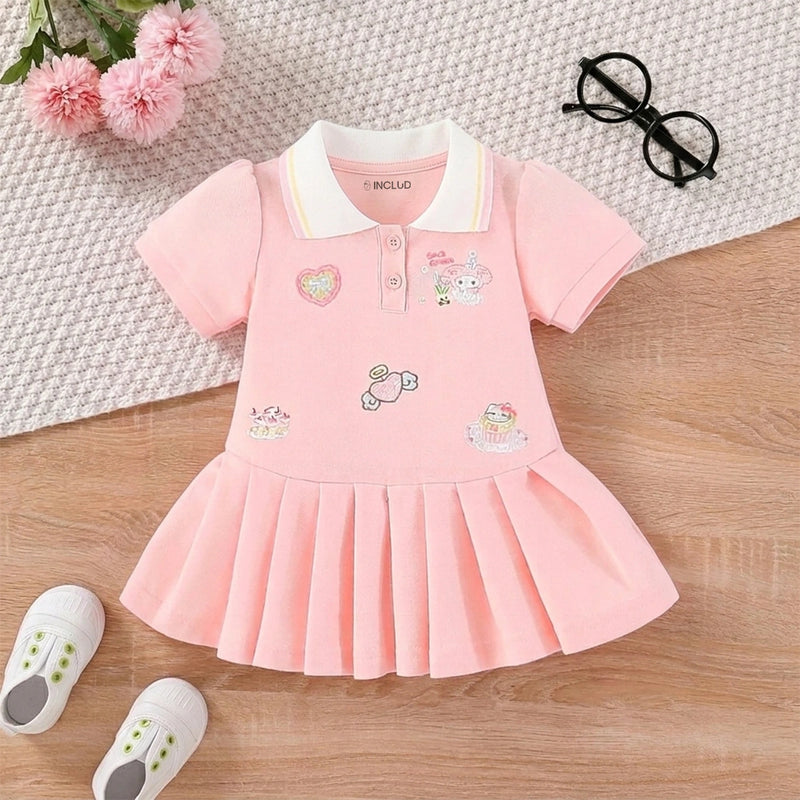 Girls Pink Embroidered Pleated Fit & Flare Polo Dress Casual Dresses Pink 1-2 Y