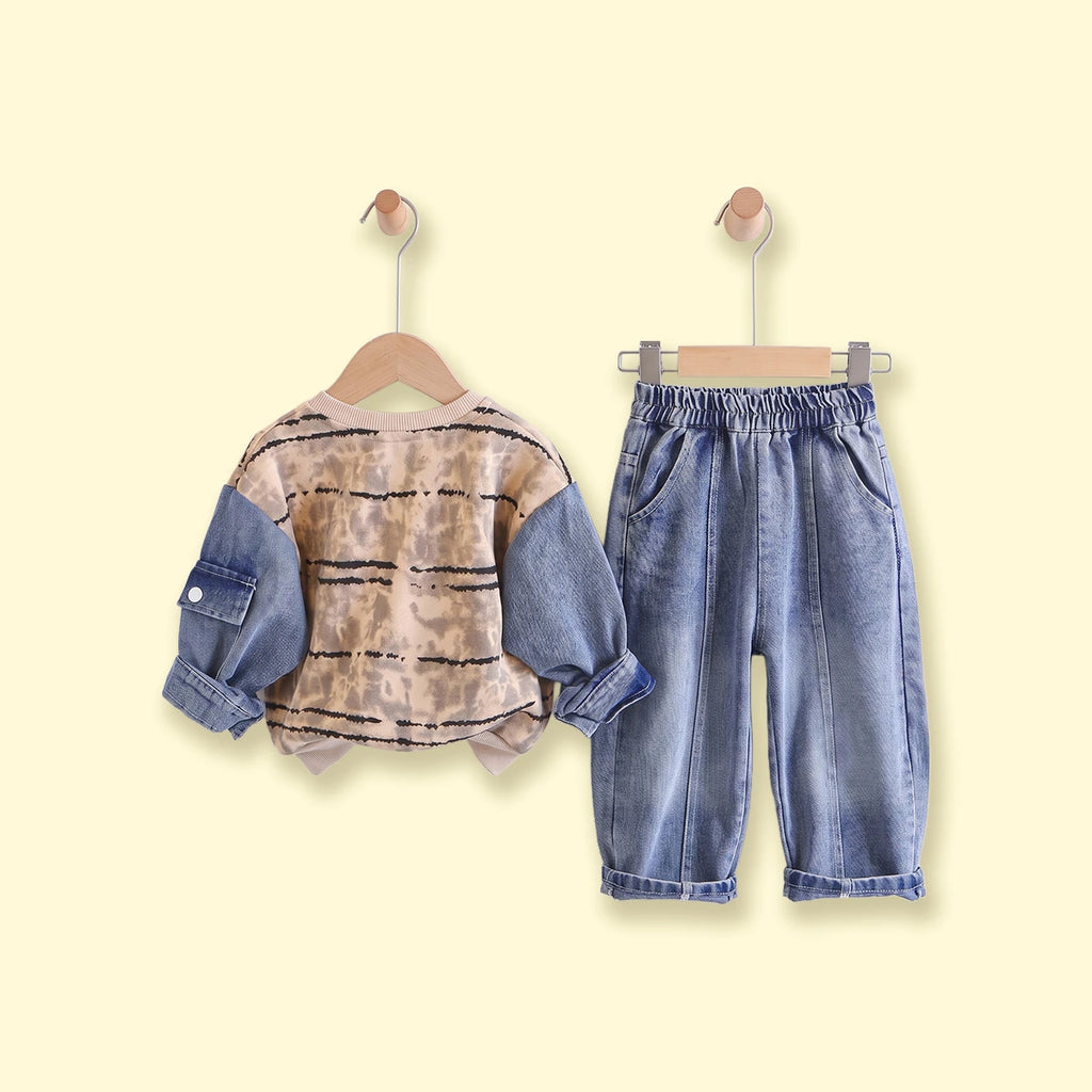 Boys Khaki Striped Sweatshirt With Denim Pants Sets 2 pc. Sets