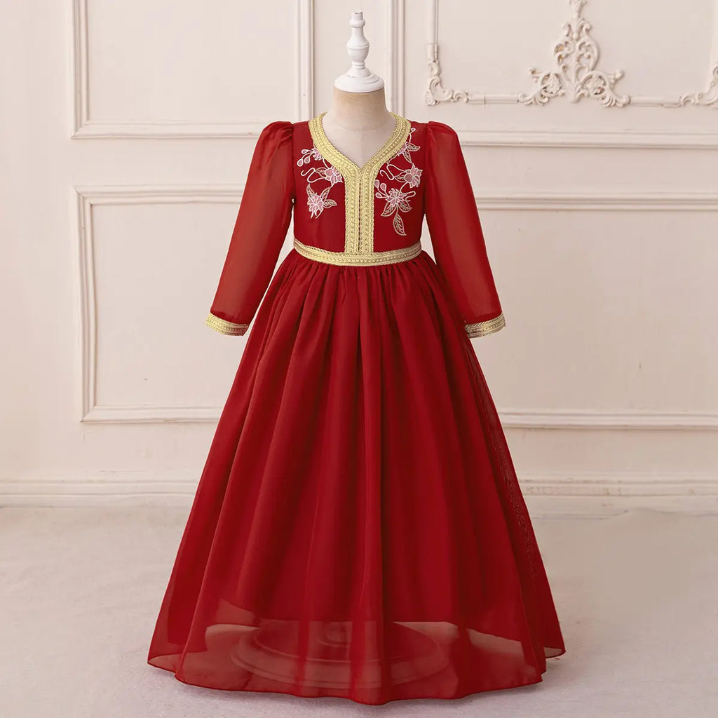 Girls Red Embroidered Maxi Dress With Long Sleeves Casual Dresses Red 3-4 Y
