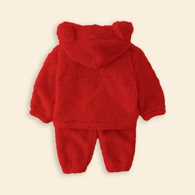 Boys Red Fleece Bear Themed Hoodie With Jogger Sets Sets