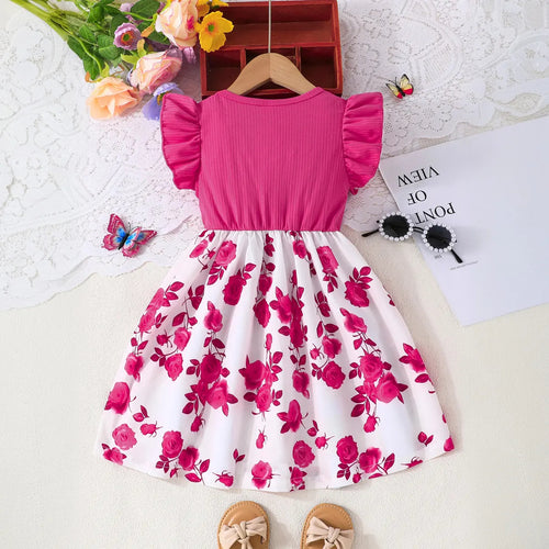 Girls Magenta Floral Printed Fit & Flare Dress With Flutter Sleeves Casual Dresses