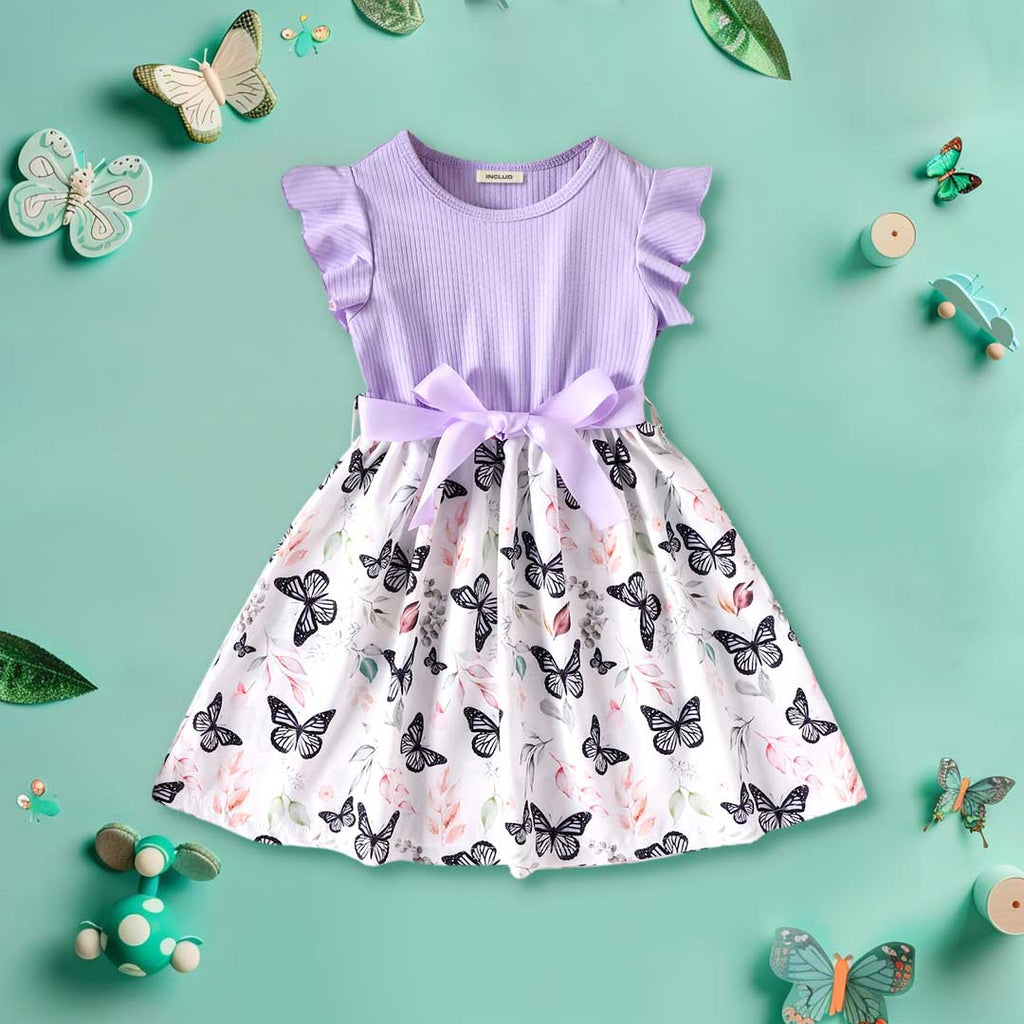 Girls Short Sleeve Butterfly Printed Fit & Flare Dress