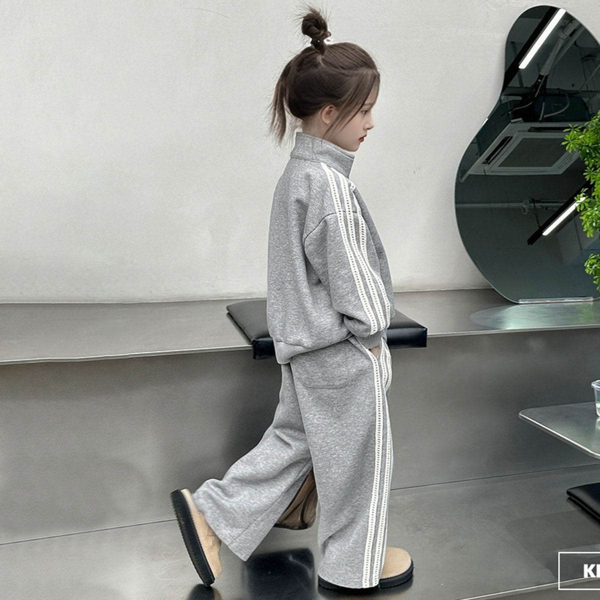 Girls Grey Solid Half Zipper Sweatshirt With Pants Winter Co-ord Set 2 pc. Sets