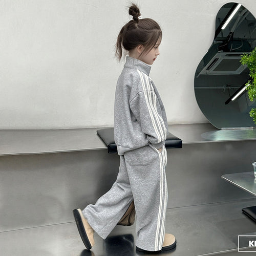 Girls Grey Solid Half Zipper Sweatshirt With Pants Winter Co-ord Set 2 pc. Sets
