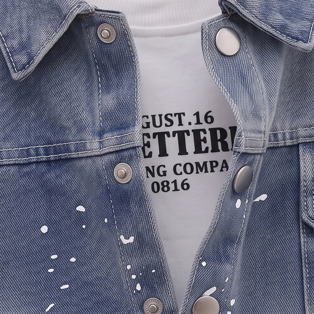 Boys Blue Splatter Print Denim Jacket & Pants With T-Shirt Sets 3 pc. Sets