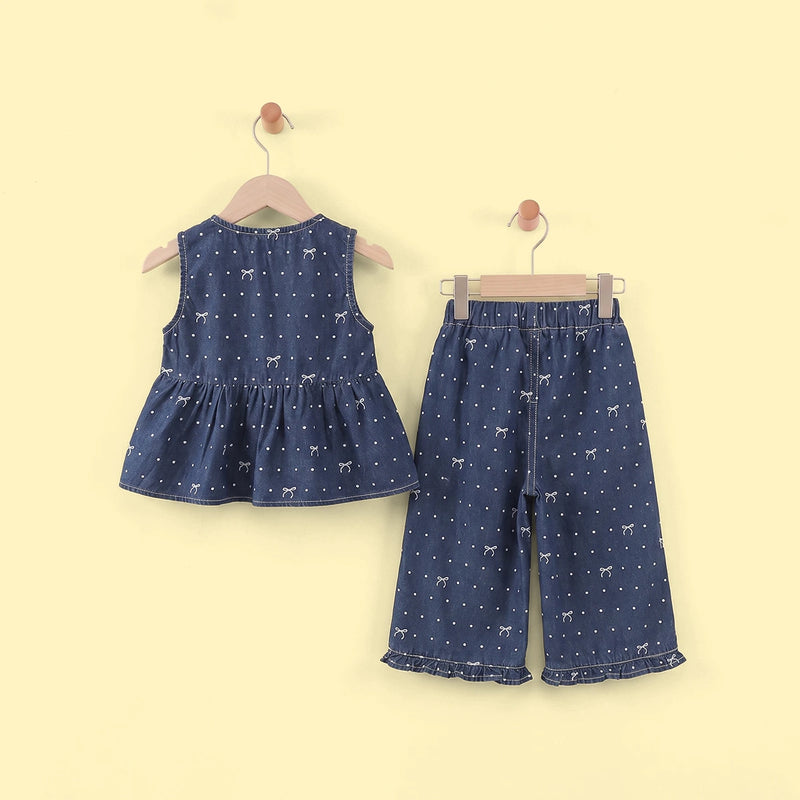 Girls Dark Blue Polka Dot Print Top With Pants Sets 2 pc. Sets