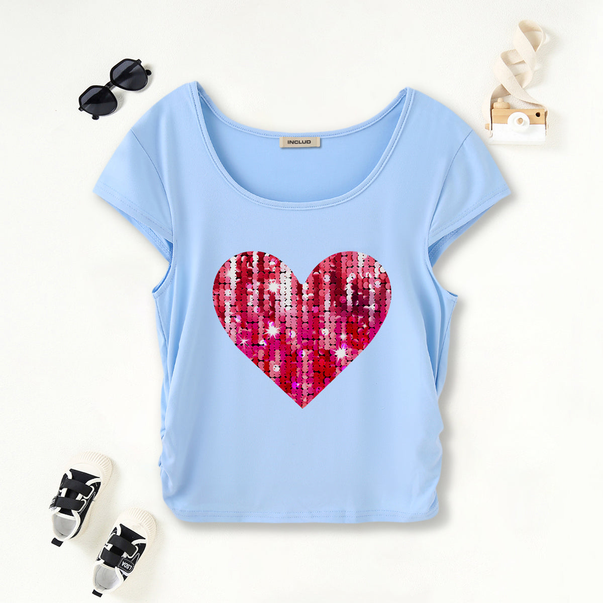 Girls Light Blue Heart Sequence Short Sleeves Scoop Neck T-Shirt Tshirts Light Blue 7-8 Y