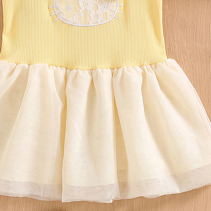 Girls Yellow Textured Kitty Applique Sleeveless Dress Casual Dresses