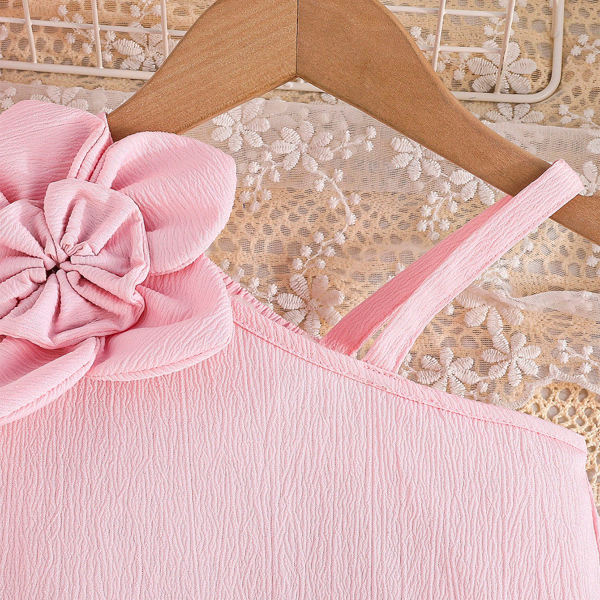 Girls Pink Textured One Shoulder Top With Flared Hem Pants Set 2 pc. Sets