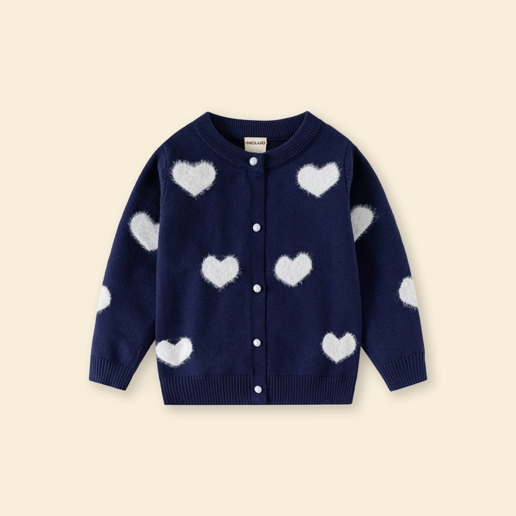 Girls Navy Blue Self Heart Design Winter Cardigan Sweaters & Cardigans