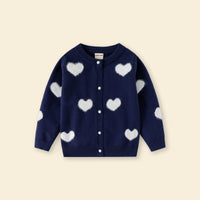 Girls Navy Blue Self Heart Design Winter Cardigan Sweaters & Cardigans