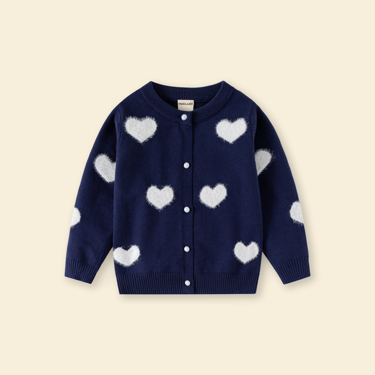 Girls Navy Blue Self Heart Design Winter Cardigan Sweaters & Cardigans