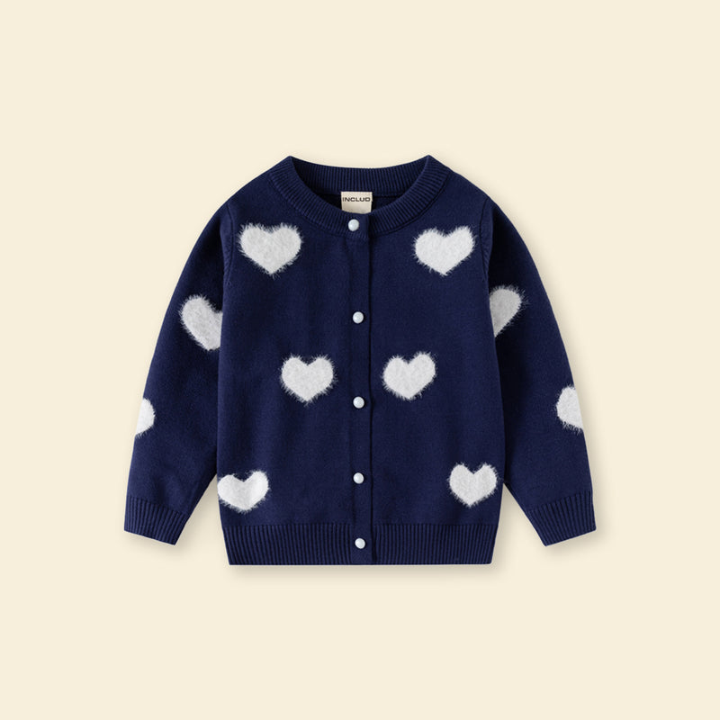 Girls Navy Blue Self Heart Design Winter Cardigan Sweaters & Cardigans
