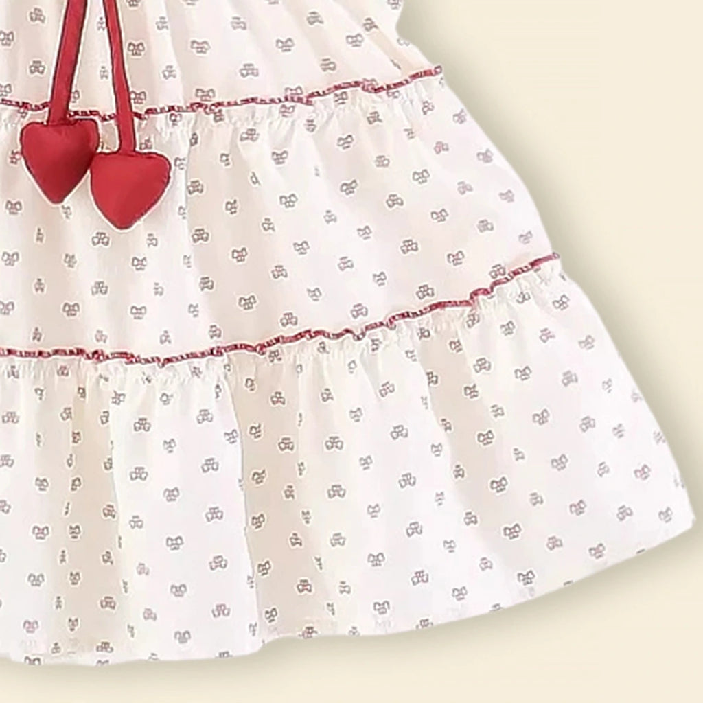 Girls White All-over Bow Printed Tiered A-line Dress Casual Dresses