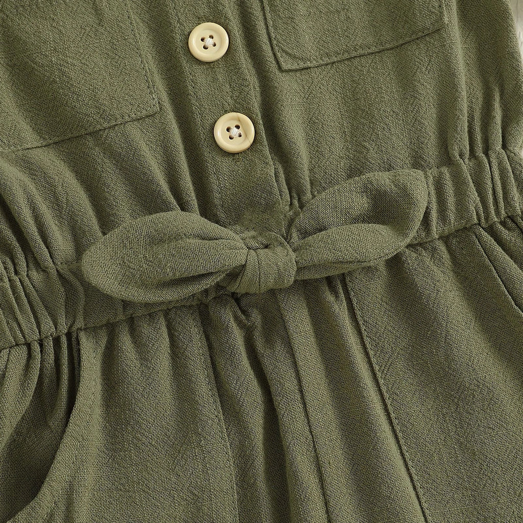 Girls Olive Green Button Front Short Sleeve Romper With Bow Detail Playsuits