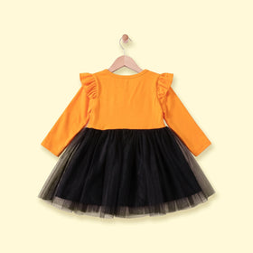 Girls Orange Skeleton Print Fit & Flare Dress Casual Dresses