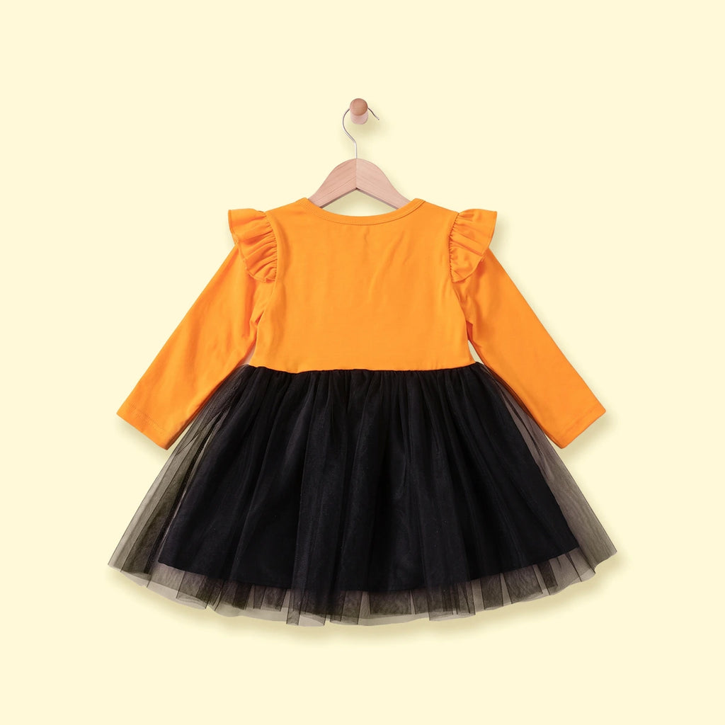Girls Orange Skeleton Print Fit & Flare Dress Casual Dresses