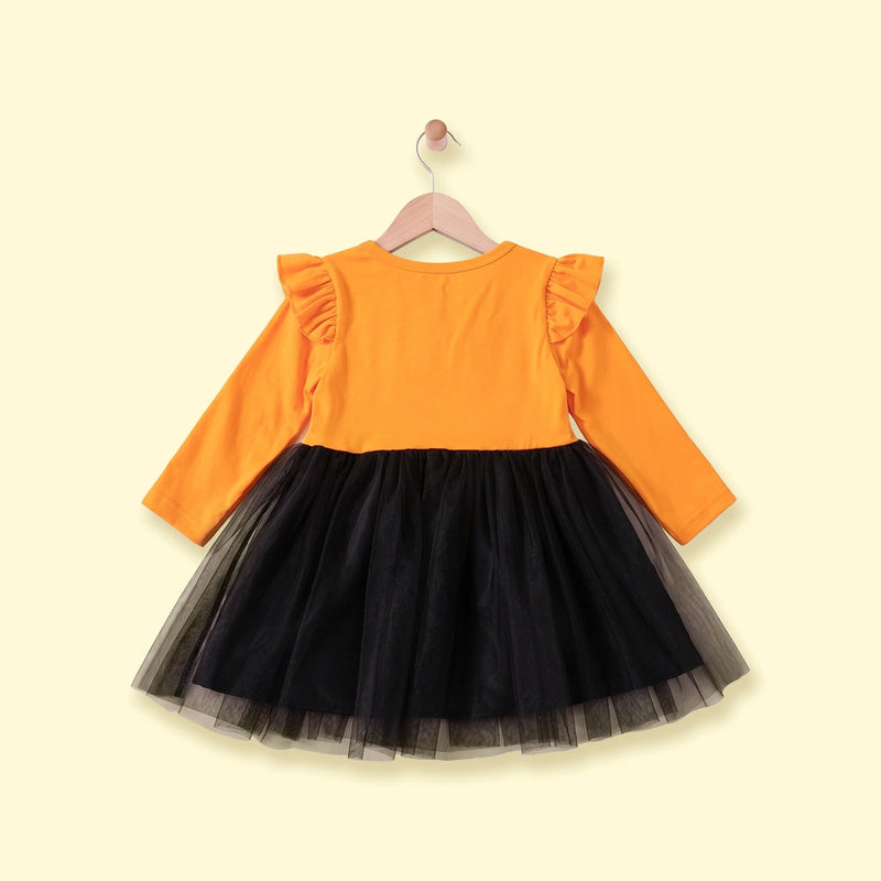 Girls Orange Skeleton Print Fit & Flare Dress Casual Dresses