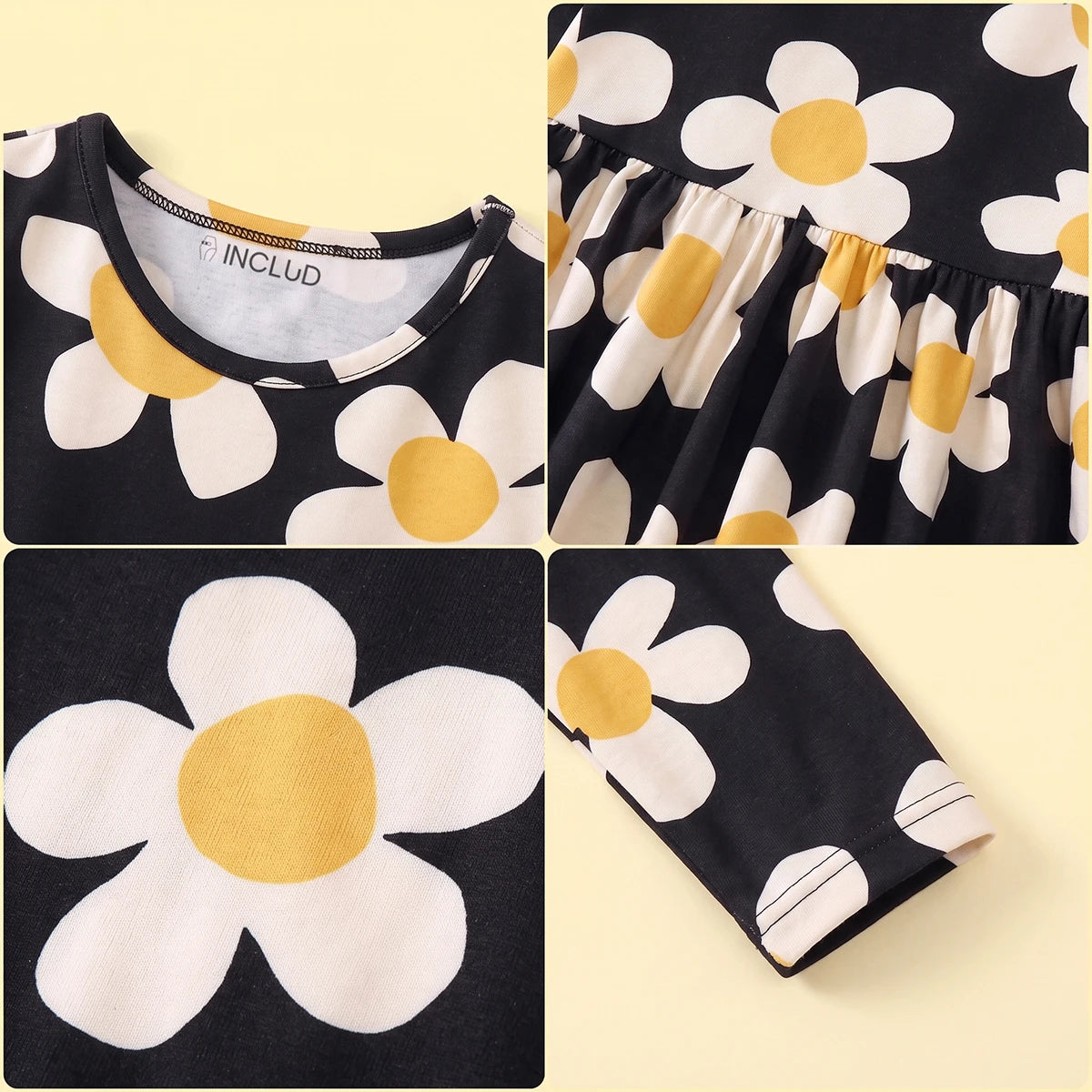 Girls Black Floral Print Long Sleeve Fit & Flare Dress Casual Dresses