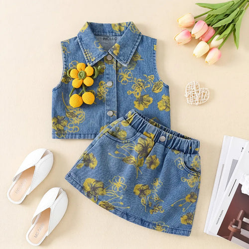 Girls Blue Floral Printed Sleeveless Denim Top With Elasticated Denim Skirt Sets 2 pc. Sets Blue 2-3 Y