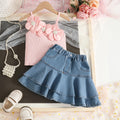 Girls Pink 3D Flower Applique Crop Top With Tiered Denim Skirts Set Sets Pink 2-3 Y
