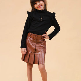 Girls Brown High Neck Top With Faux Leather Skirt Set Sets Brown 1-2 Y
