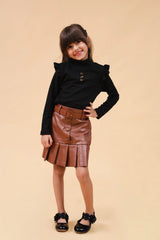 Girls Brown High Neck Top With Faux Leather Skirt Set