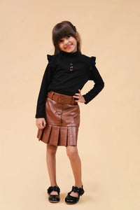 Girls Brown High Neck Top With Faux Leather Skirt Set Sets Brown 1-2 Y