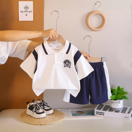 Boys White Printed Short Sleeve Polo T-Shirt With Elasticated Shorts Sets 2 pc. Sets White 1-2 Y