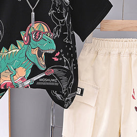 Boys Dinosaur Printed Black T-Shirt With Shorts Set 2 pc. Sets