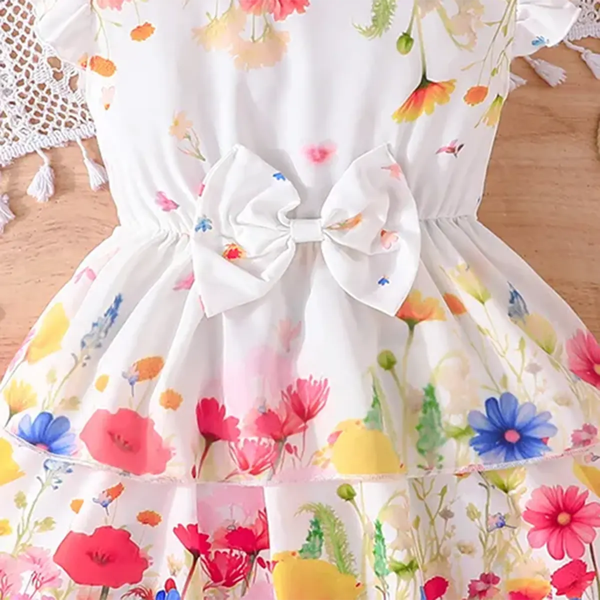 Girls White Floral Printed Fit & Flare Dress With Bow Detail Casual Dresses