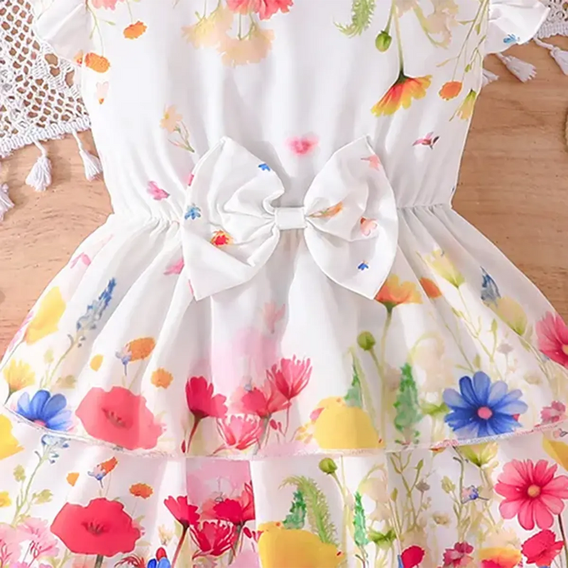 Girls White Floral Printed Fit & Flare Dress With Bow Detail Casual Dresses