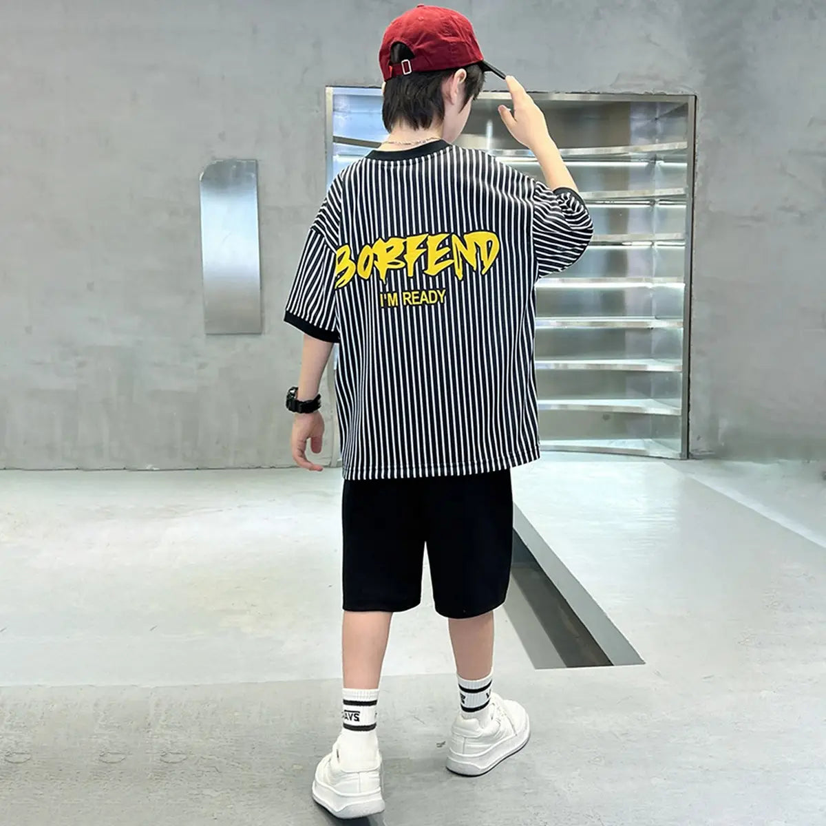 Boys Black Stripes Short Sleeves Oversized T-Shirt With Shorts Set Sets
