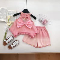 Girls Pink Floral Embroidered Ruffle Top With Elasticated Shorts Sets 2 pc. Sets