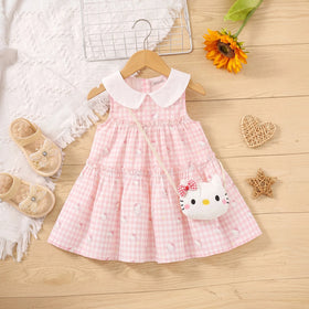 Girls Light Pink Kitty Print Sleeveless Tiered Dress Casual Dresses Light Pink 1-2 Y