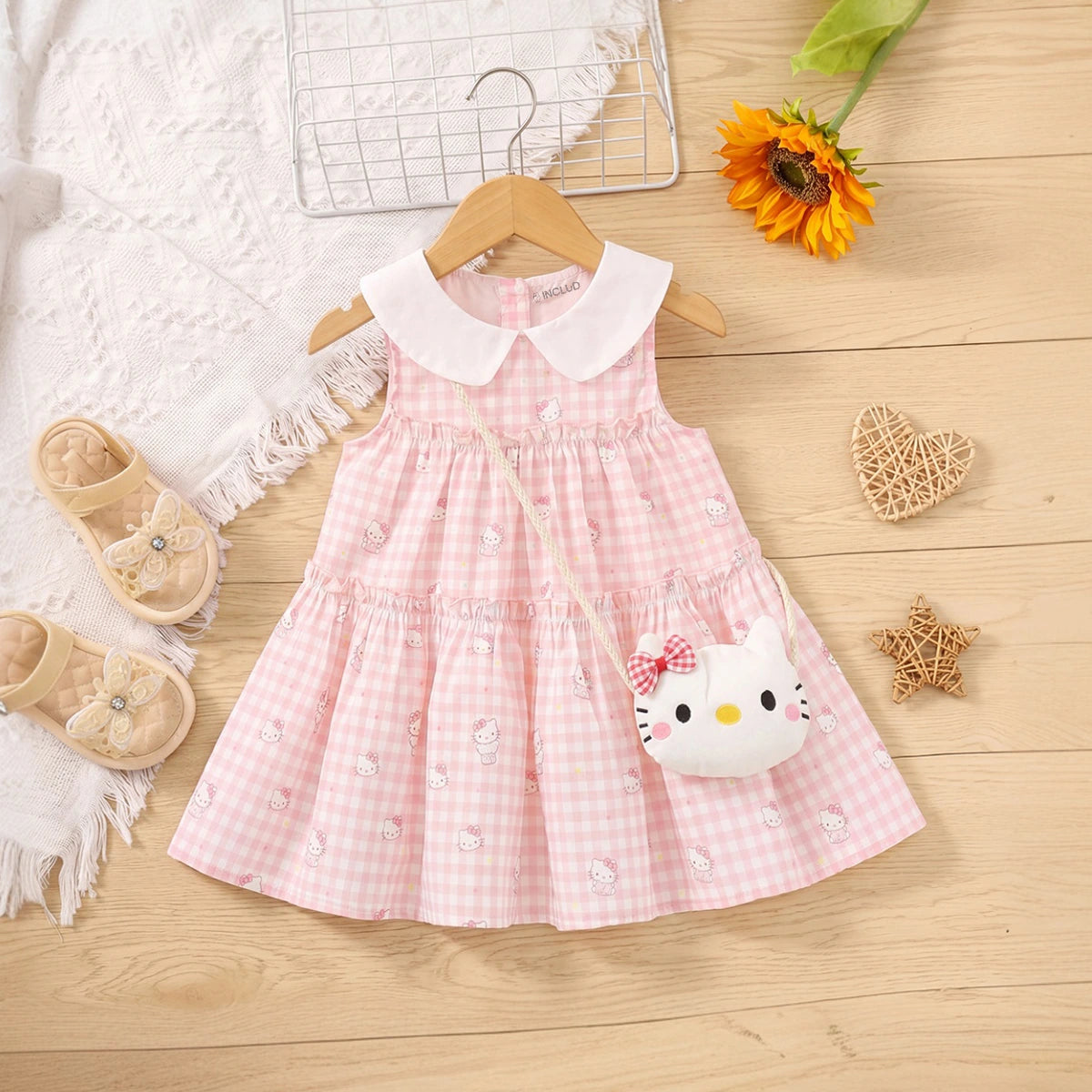 Girls Light Pink Kitty Print Sleeveless Tiered Dress Casual Dresses Light Pink 1-2 Y