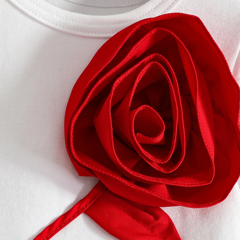Girls White 3D Rose Applique T-Shirt With Skort Sets Sets