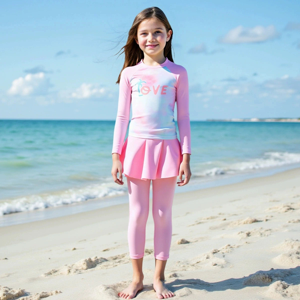 Girls Pink Tye-dye Printed T-Shirt & Skirt With Attached Legging Swimwear sets Sets