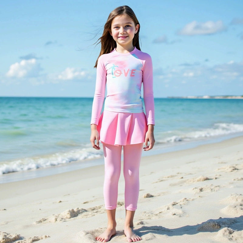 Girls Pink Tye-dye Printed T-Shirt & Skirt With Attached Legging Swimwear sets Sets