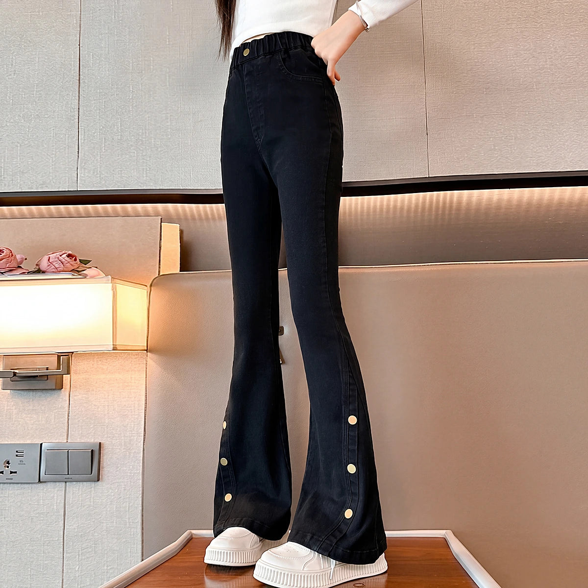 Girls Black High Rise Flared Denim Jeans Pants